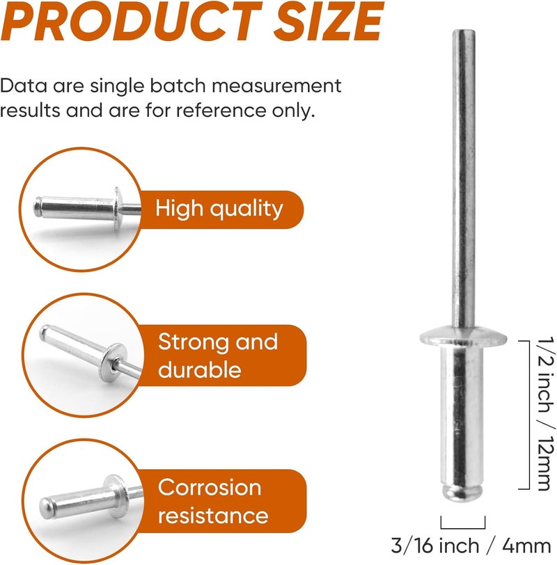 ALLCLEAN 200 Pcs 5/32" x 1/2" Aluminum Blind Rivets,4 x 12mm Pop Rivets,Aluminum Grip and Steel Mandrel - Image 2